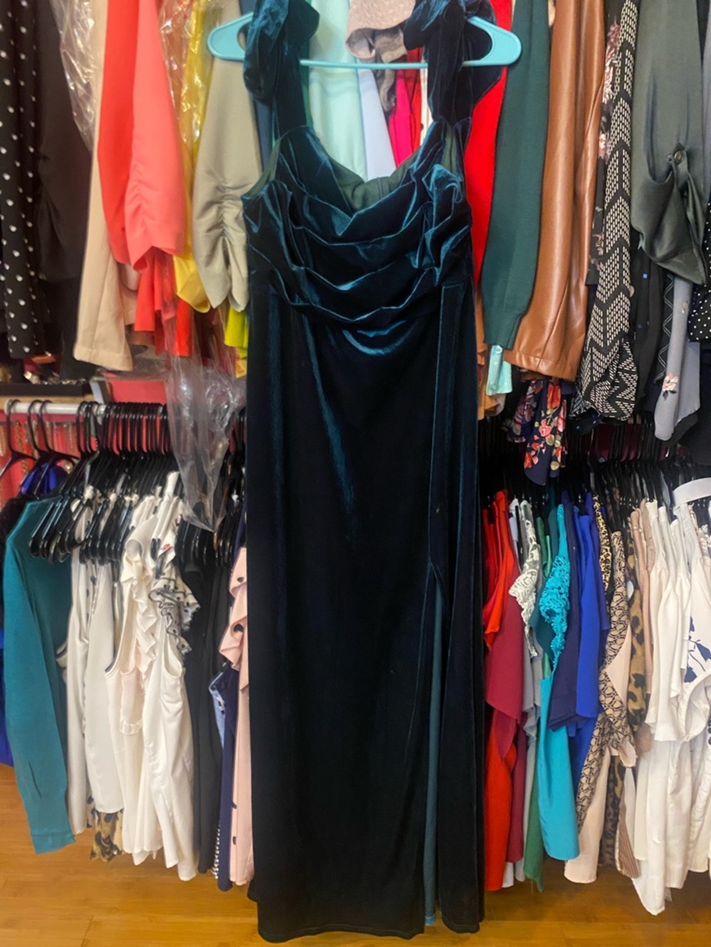 SHEIN Teal Velvet Maxi Dress with Draped Cowl Neck